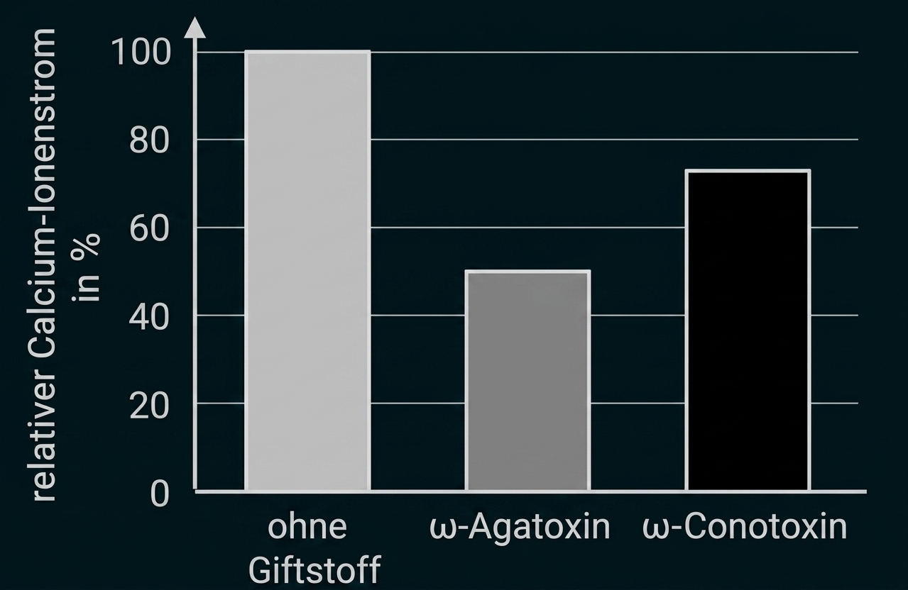 Säulendiagramm: relativer Calcium-Ionenstrom — ohne Giftstoff ~100%, ω-Agatoxin ~50%, ω-Conotoxin ~70%